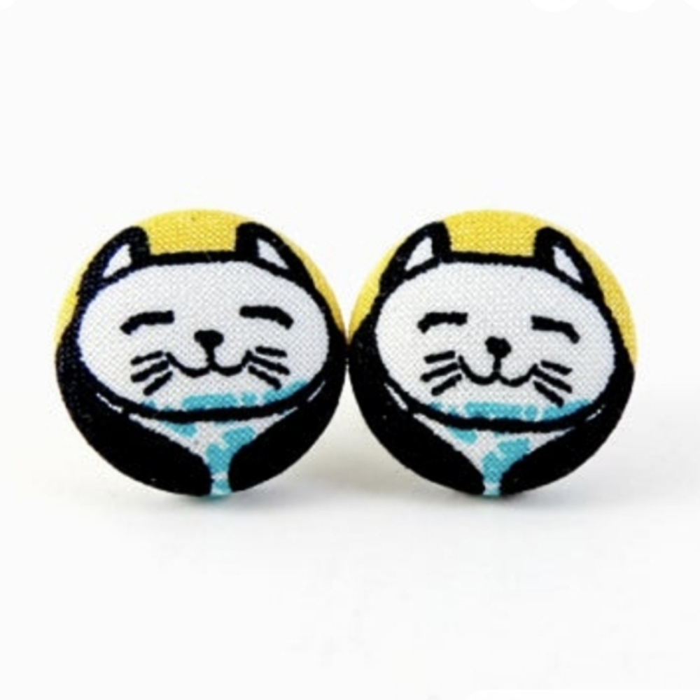 Handmade Fabric Button Earrings Cute Cat Lucky Cat Smiling Cat Animal Jewelry